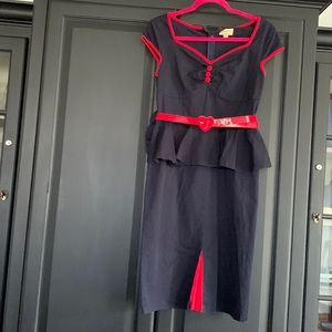 Deep navy blue and red accents dress Cotton Comes with belt. Size M/L